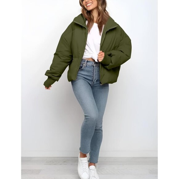 Women Cropped Puffer Jacket Coat Short Warm Quilted Outerwear with Pocket Green - Picture 2 of 7